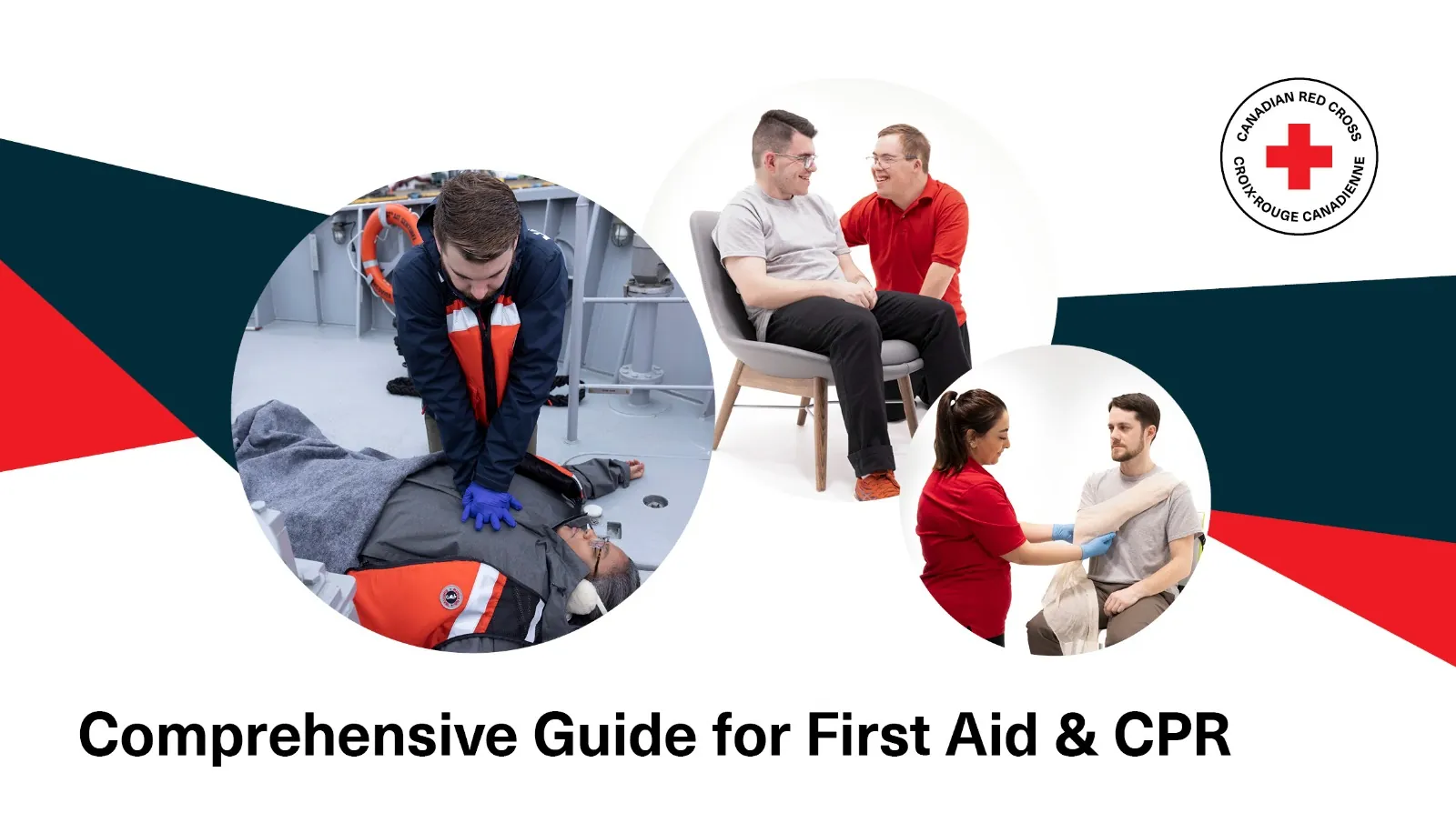 Canadian Red Cross First Aid and CPR training: CPR on a ship deck, a first aider checking on a seated person, and an arm sling being applied