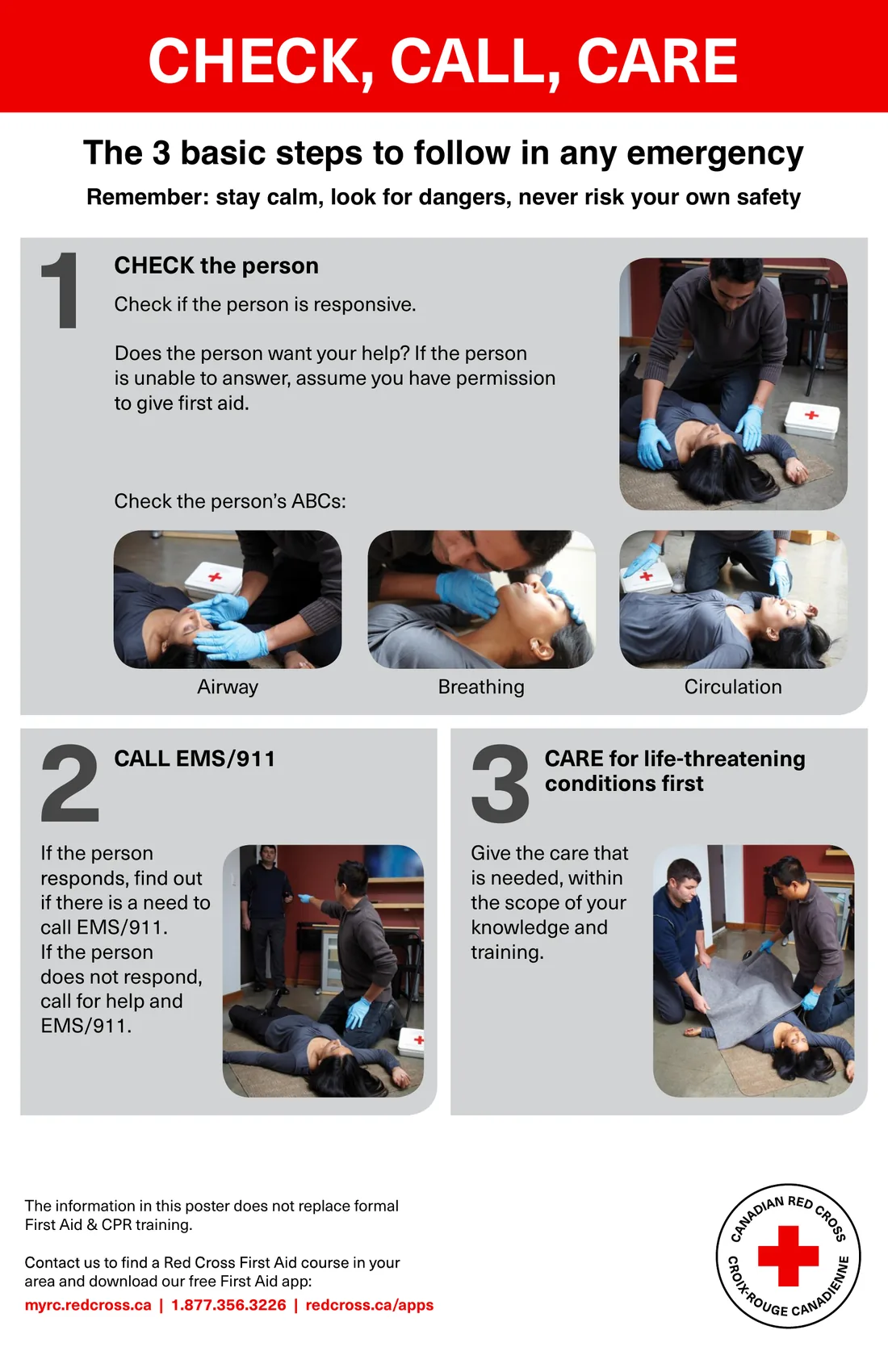 Check, Call, Care poster from the Canadian Red Cross showing a first aider checking a person's airway, breathing and circulation